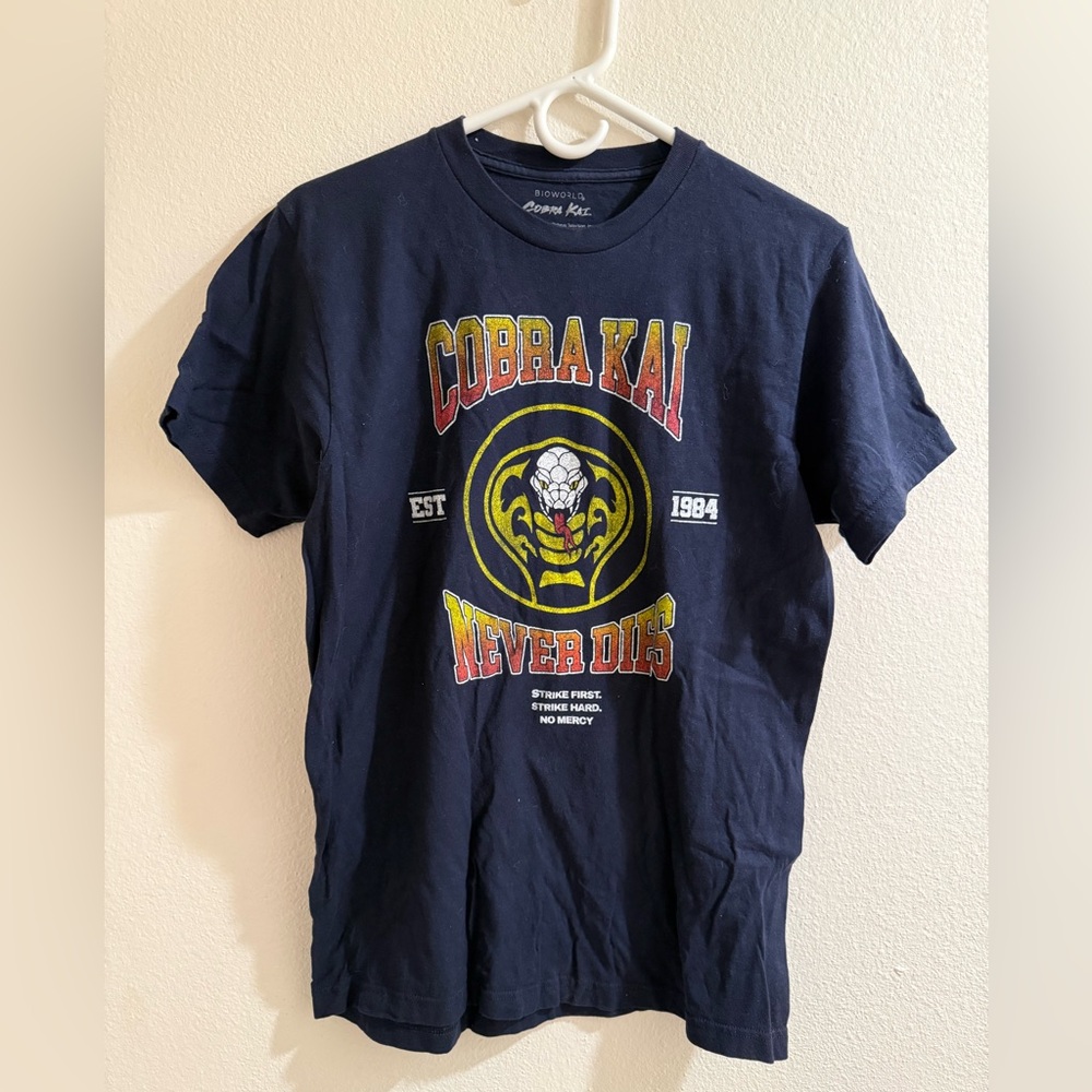 Cobra Kai Shirt Strike First Strike Hard Navy-Blue Karate Tee Men's Medium
